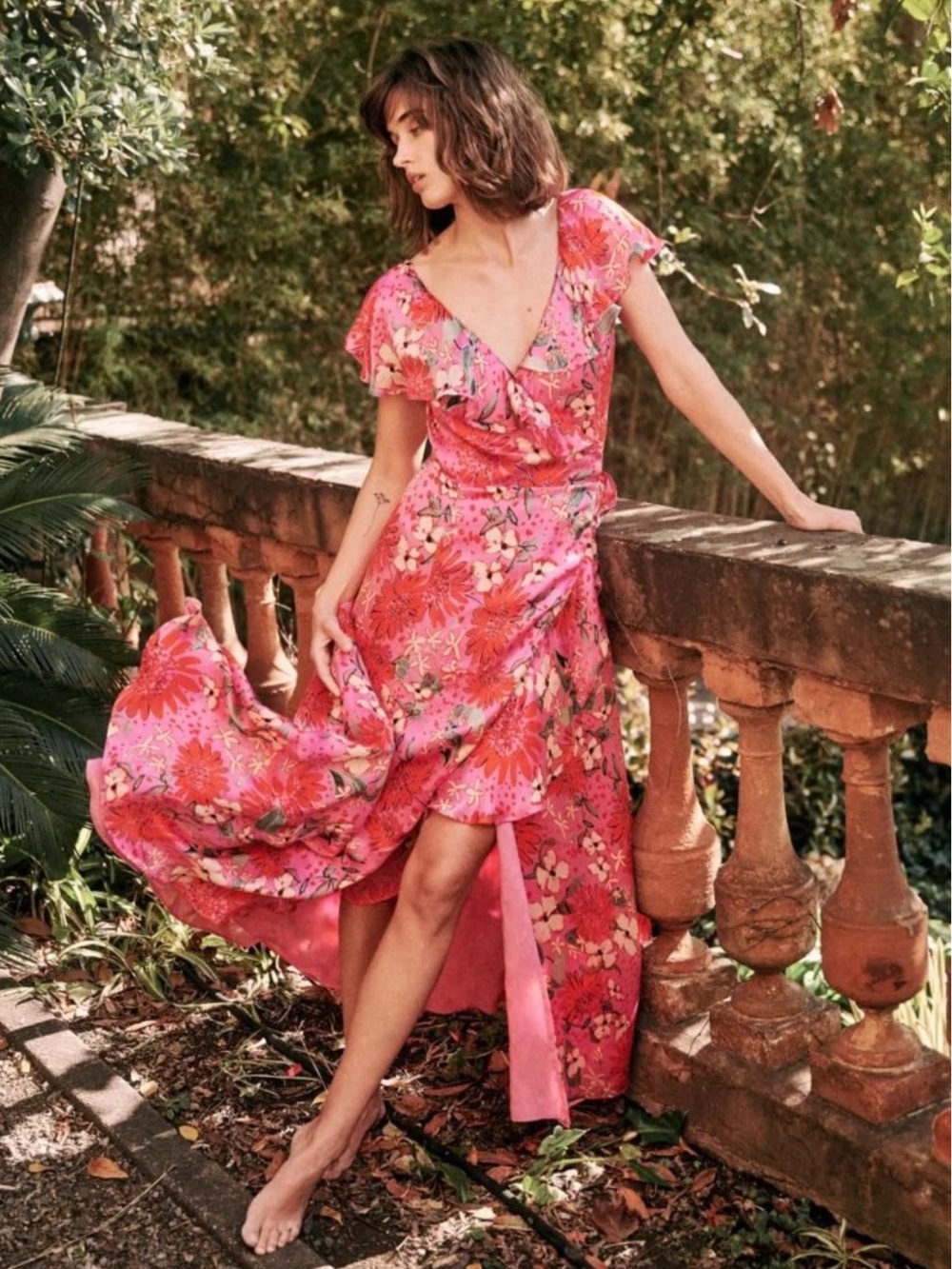 SEZANE Pink Red Floral Printed 100% Silk Satin Giovanna Ruffle Wrap Maxi Dress